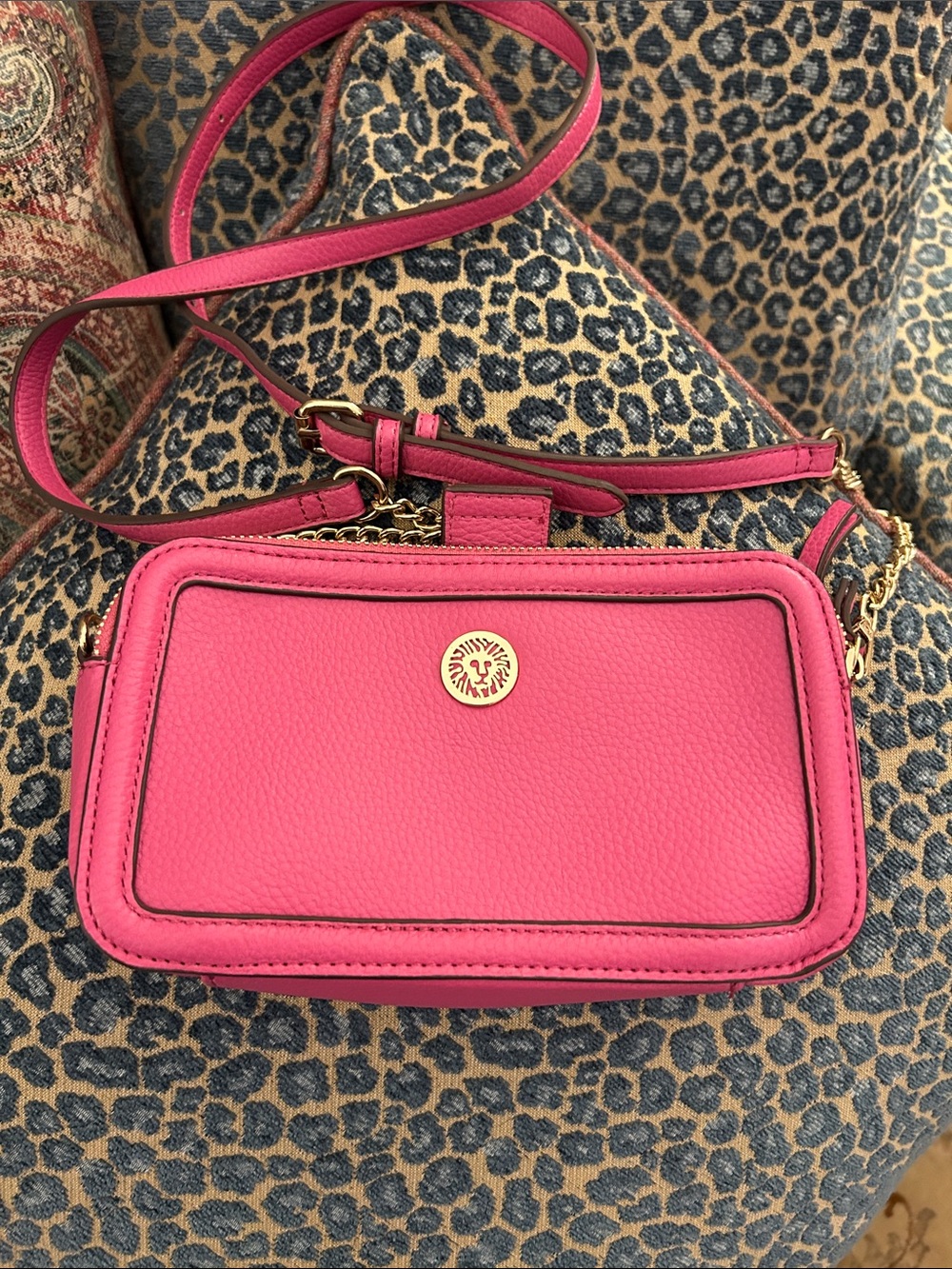 Anne Klein Hot Pink Pebbled Leather Crossbody with Gold Tone Emblem